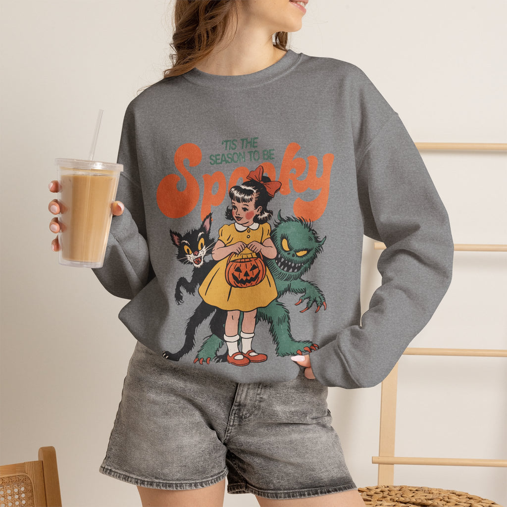 Spooky Vintage Girl Crewneck Sweatshirt — 'Tis the Season to Be Spooky Halloween Sweater