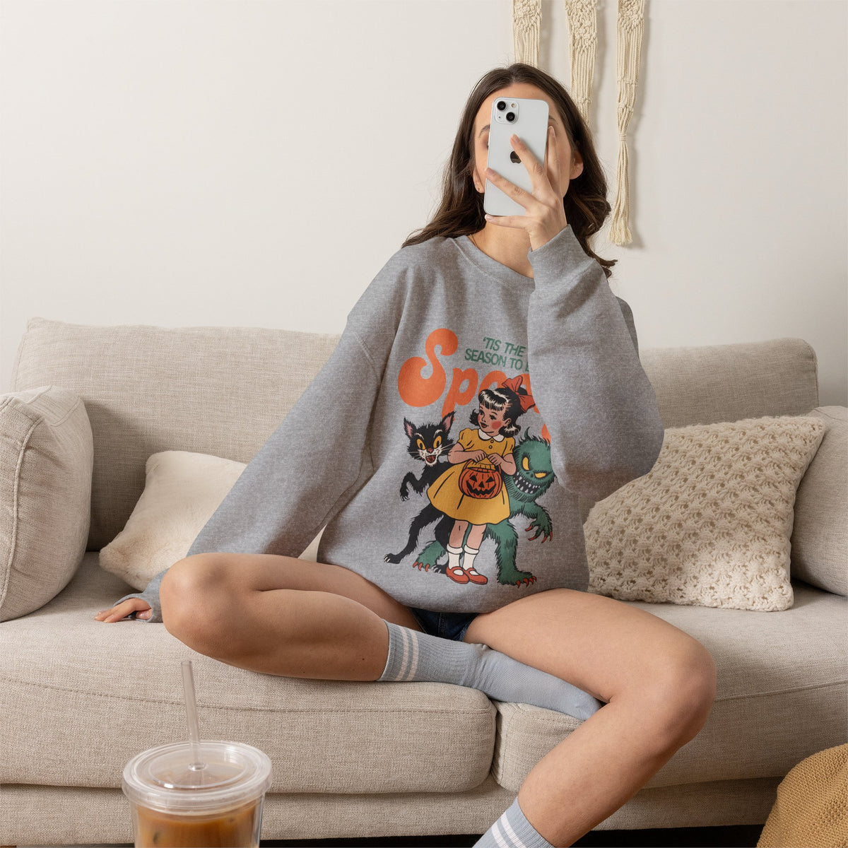 Spooky Vintage Girl Crewneck Sweatshirt — 'Tis the Season to Be Spooky Halloween Sweater