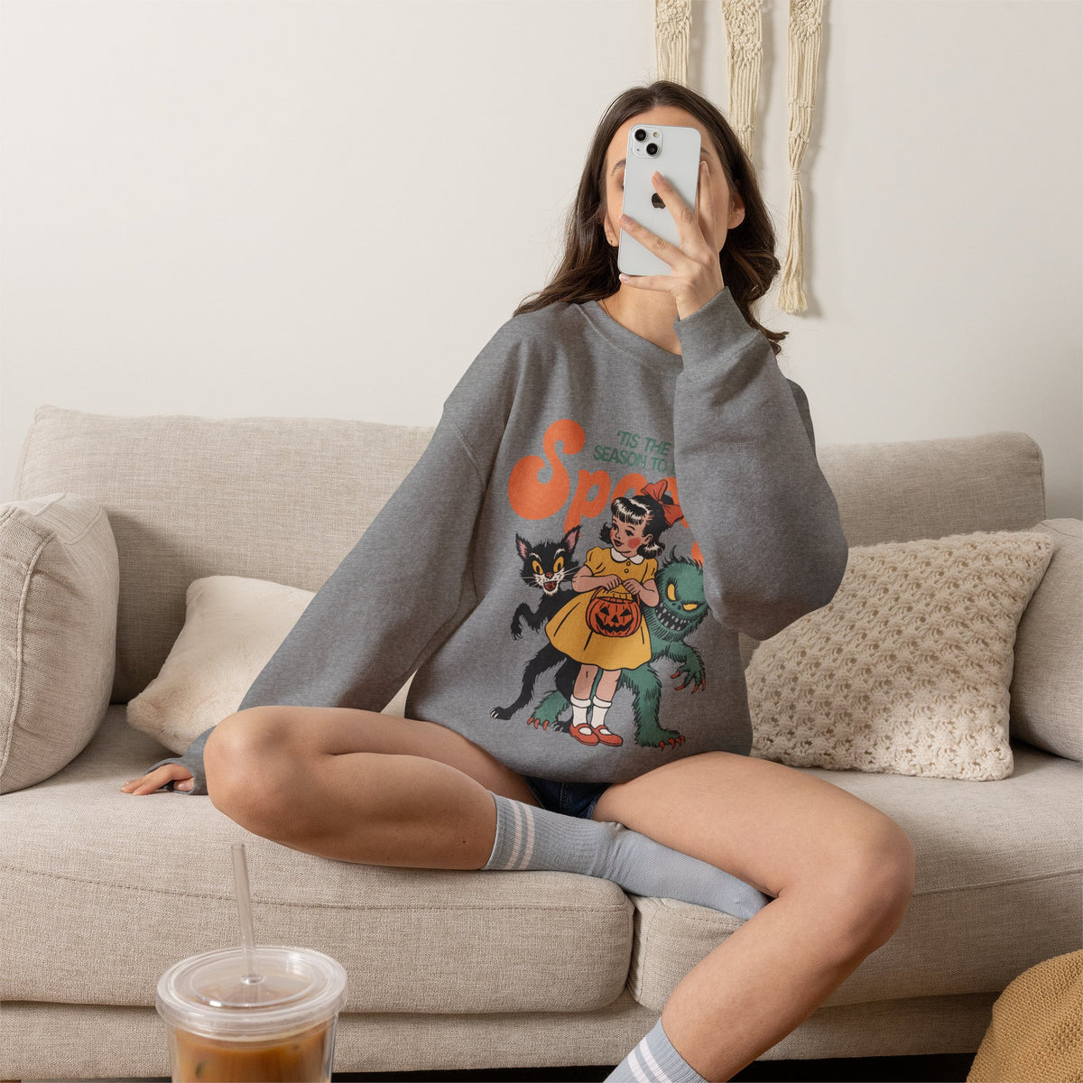 Spooky Vintage Girl Crewneck Sweatshirt — 'Tis the Season to Be Spooky Halloween Sweater