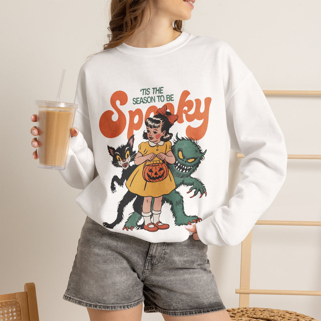 Spooky Vintage Girl Crewneck Sweatshirt — 'Tis the Season to Be Spooky Halloween Sweater