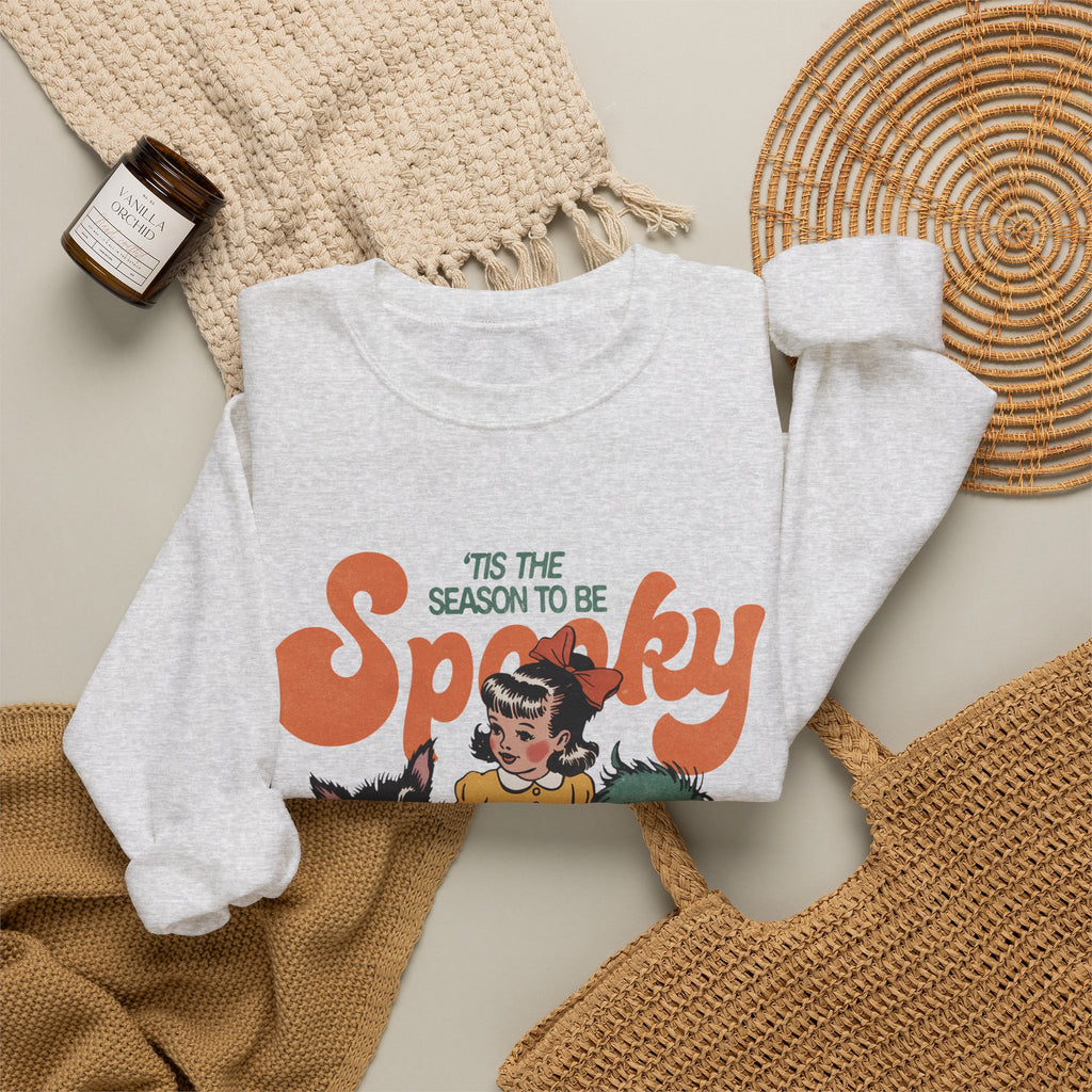 Spooky Vintage Girl Crewneck Sweatshirt — 'Tis the Season to Be Spooky Halloween Sweater