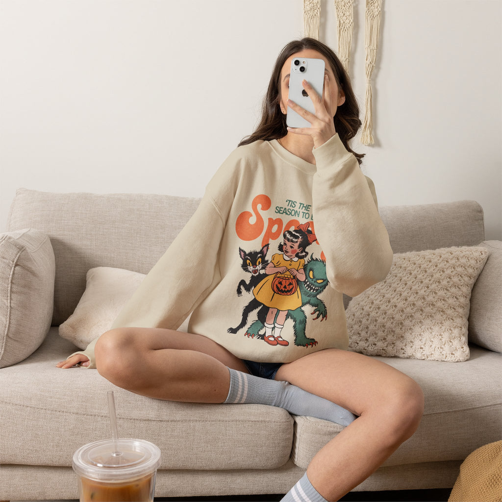 Spooky Vintage Girl Crewneck Sweatshirt — 'Tis the Season to Be Spooky Halloween Sweater