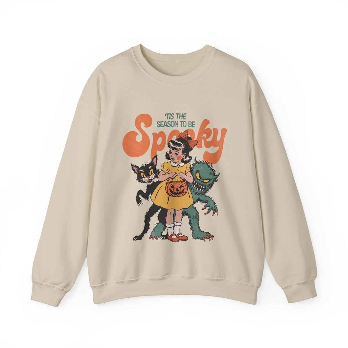 Spooky Vintage Girl Crewneck Sweatshirt — 'Tis the Season to Be Spooky Halloween Sweater