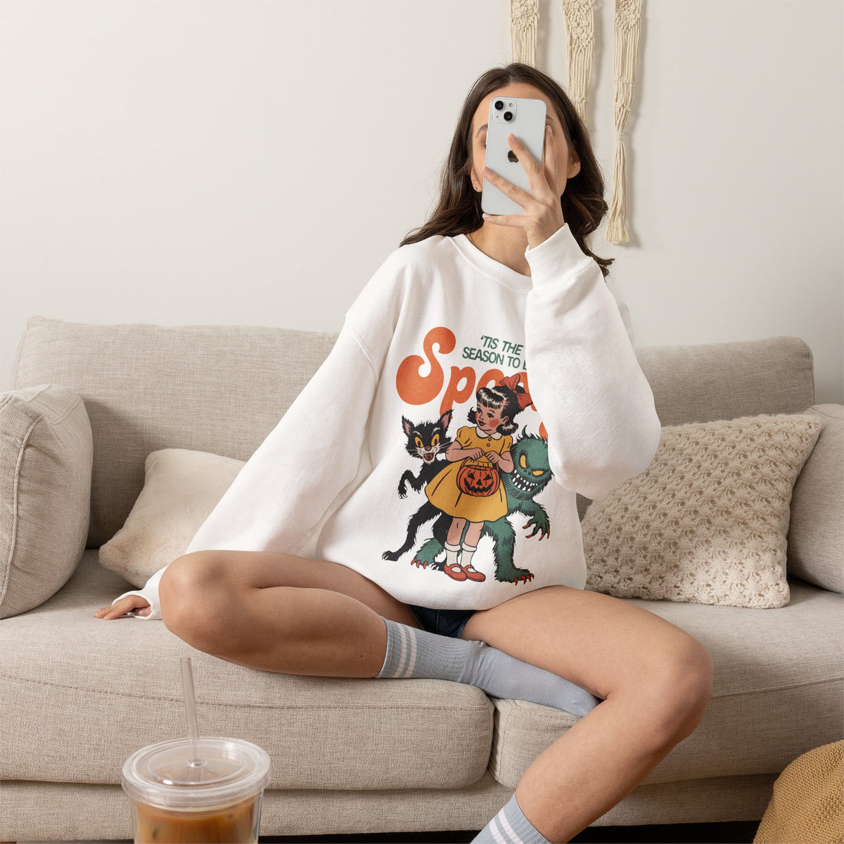 Spooky Vintage Girl Crewneck Sweatshirt — 'Tis the Season to Be Spooky Halloween Sweater