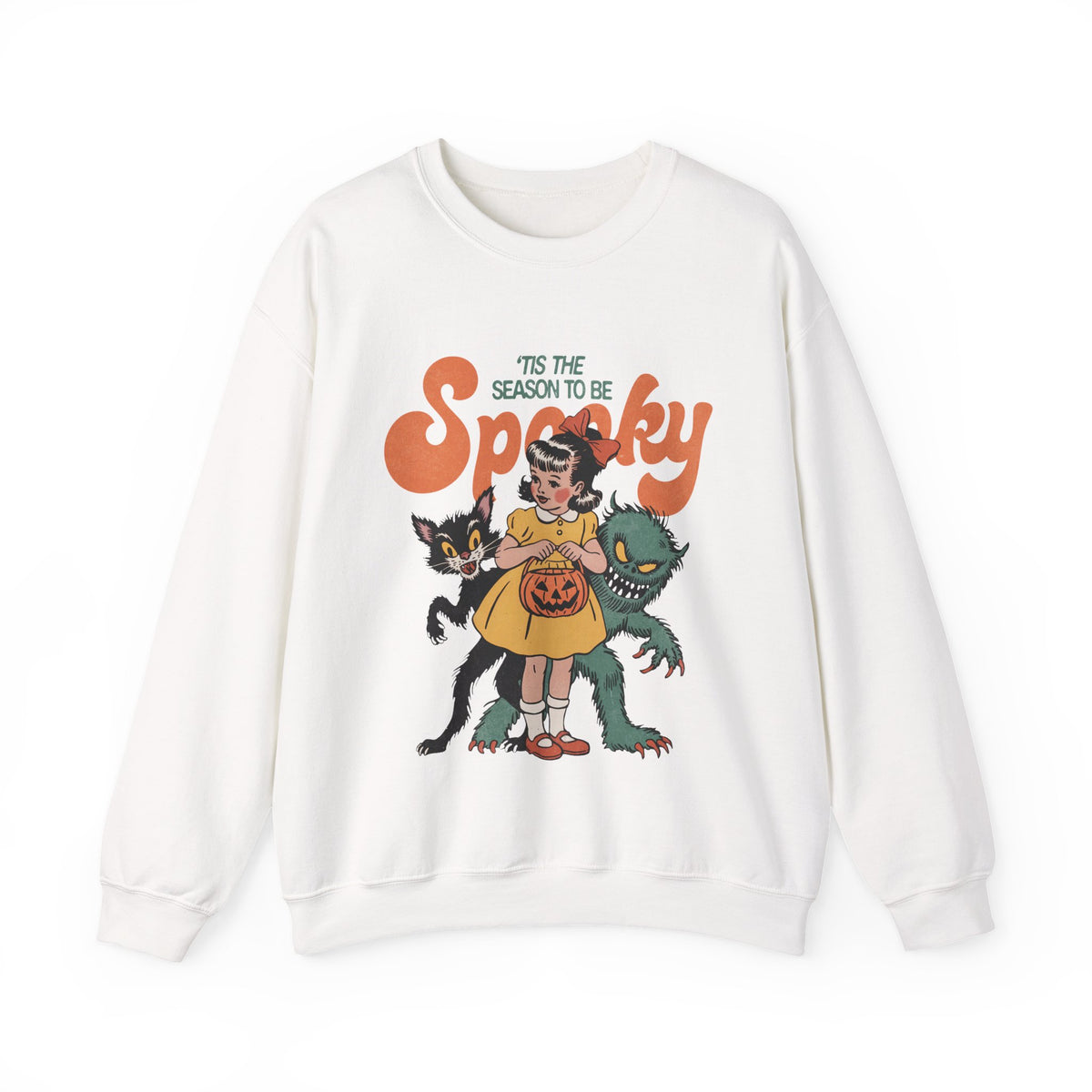 Spooky Vintage Girl Crewneck Sweatshirt — 'Tis the Season to Be Spooky Halloween Sweater