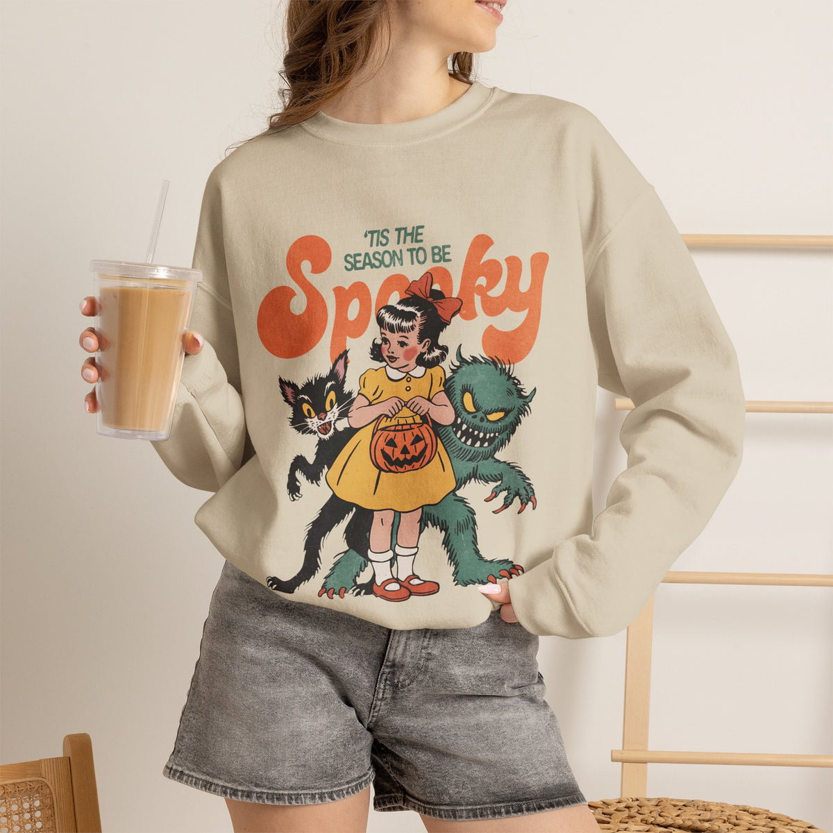 Spooky Vintage Girl Crewneck Sweatshirt — 'Tis the Season to Be Spooky Halloween Sweater