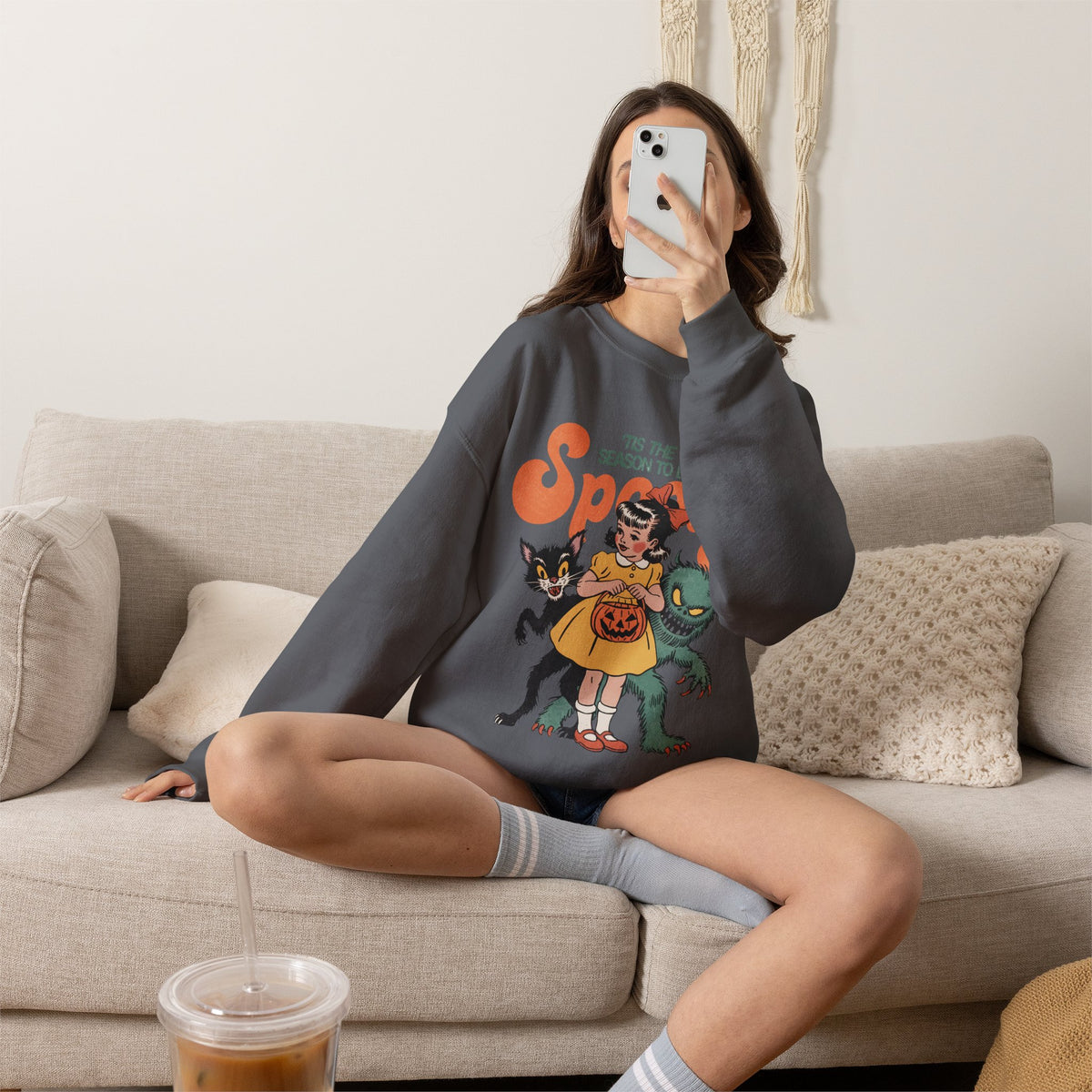 Spooky Vintage Girl Crewneck Sweatshirt — 'Tis the Season to Be Spooky Halloween Sweater