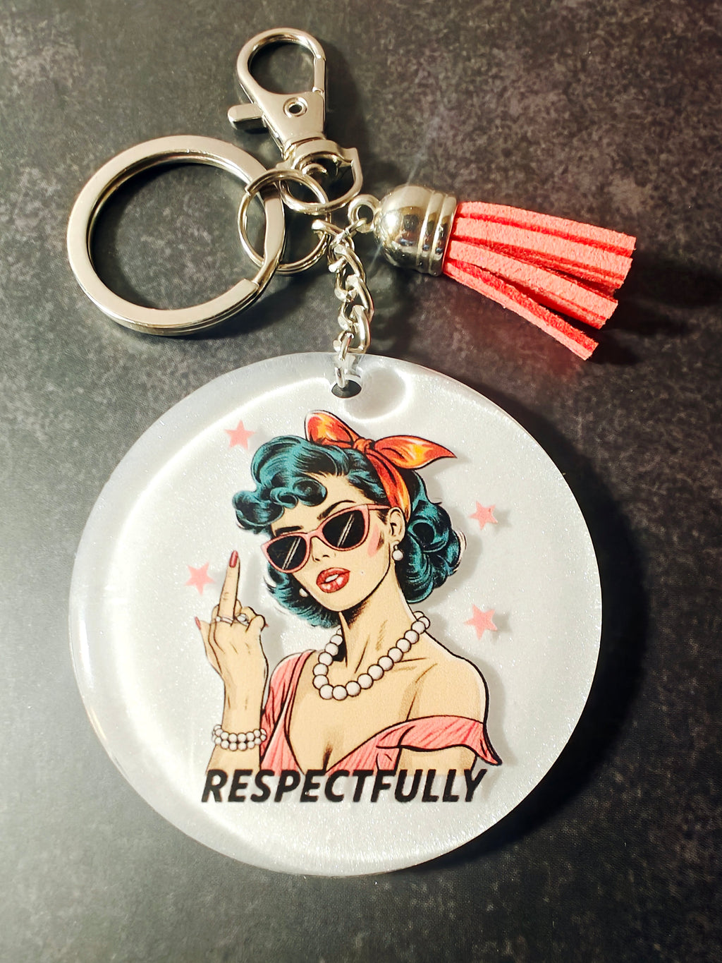 Respectfully Funny Sarcastic Middle Finger Round Female Empowerment Keychain, Purse Charm, Backpack Charm