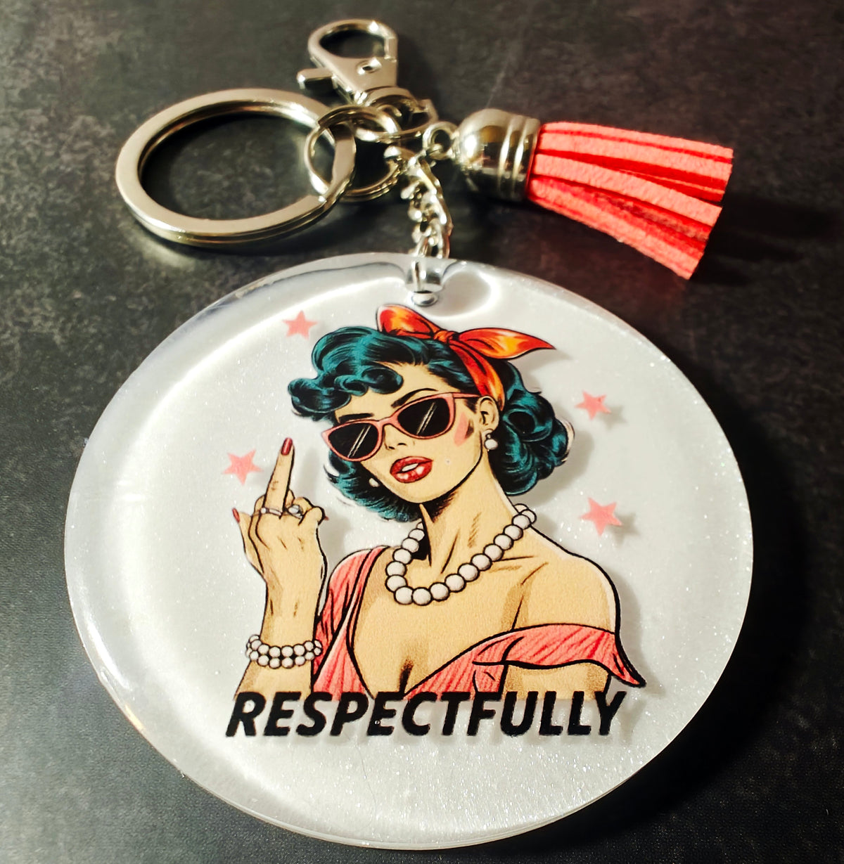 Respectfully Funny Sarcastic Middle Finger Round Female Empowerment Keychain, Purse Charm, Backpack Charm