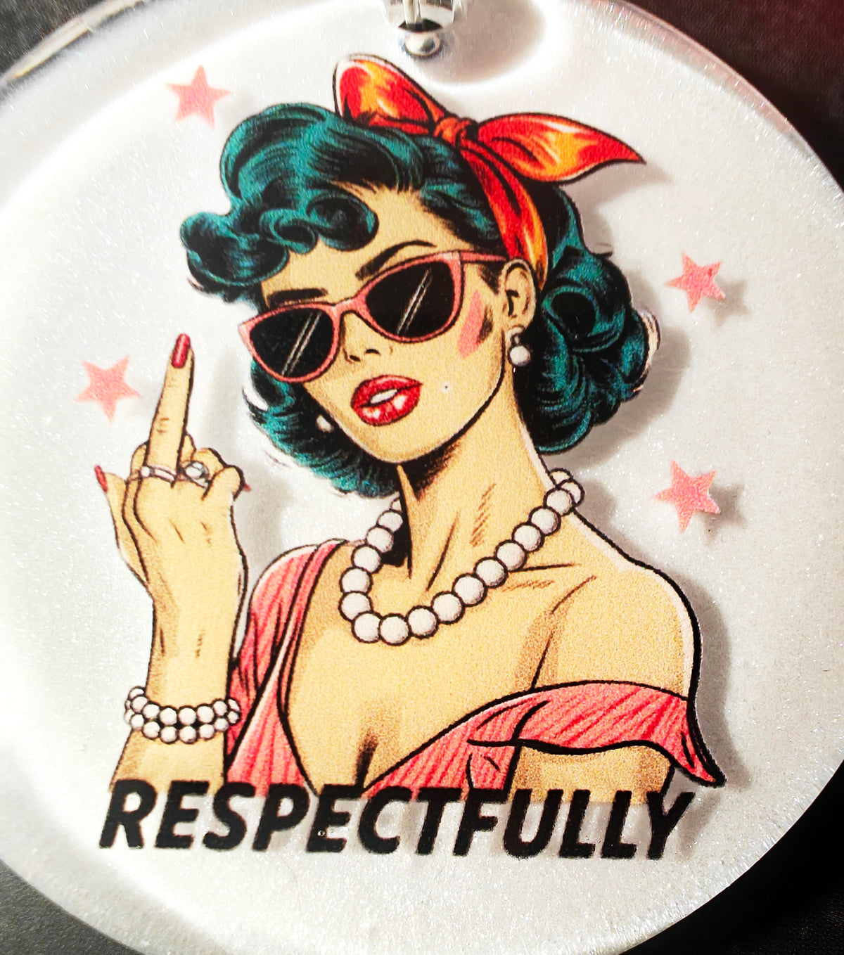 Respectfully Funny Sarcastic Middle Finger Round Female Empowerment Keychain, Purse Charm, Backpack Charm